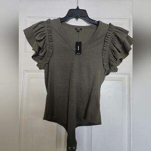 NWT EXPRESS OLIVE GREEN RUFFLE SLEEVE BODY SUIT, LARGE